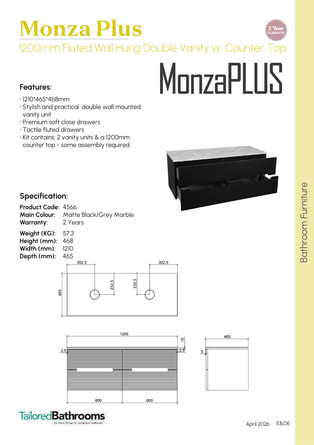 Tailored Monza Plus Fluted Wall Hung Double Vanity with Counter Top