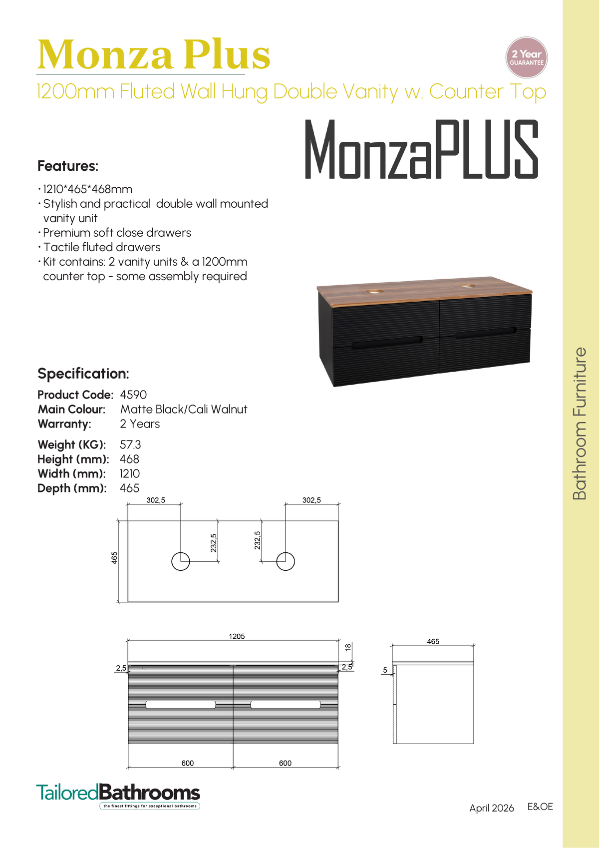 Tailored Monza Plus Fluted Wall Hung Double Vanity with Counter Top