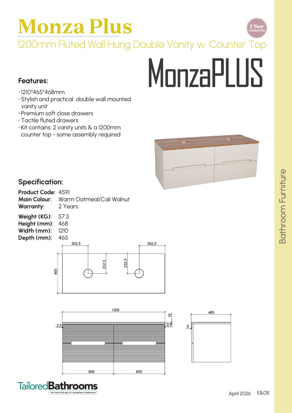 Tailored Monza Plus Fluted Wall Hung Double Vanity with Counter Top