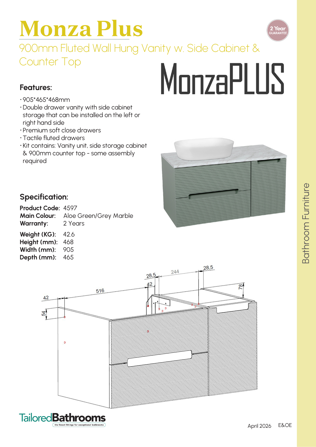 Tailored Monza Plus Fluted Wall Hung Vanity with Side Cabinet & Counter Top