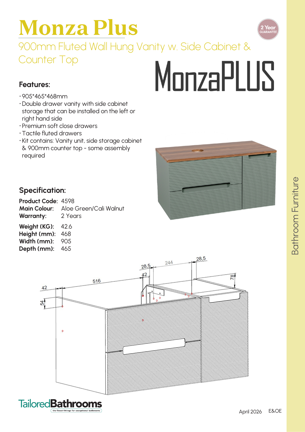 Tailored Monza Plus Fluted Wall Hung Vanity with Side Cabinet & Counter Top