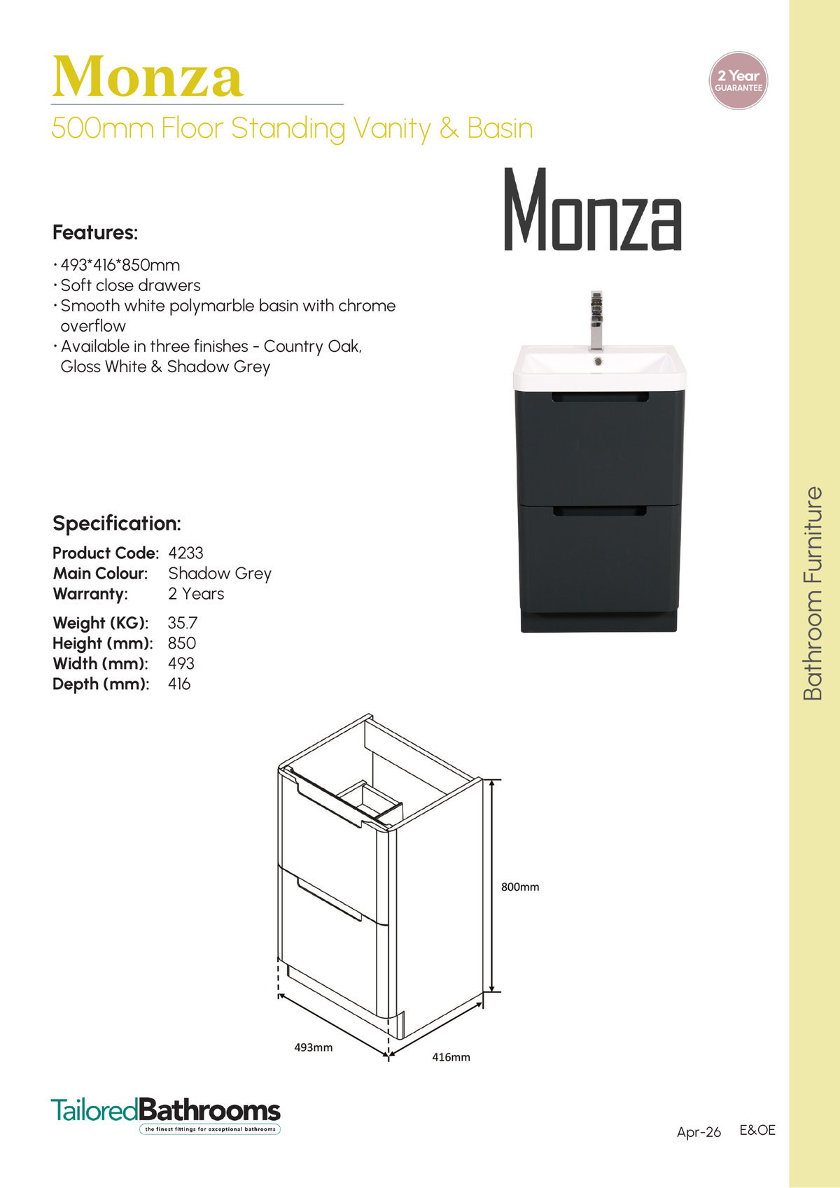 Tailored Monza 2 Drawer Floorstanding Vanity Unit With Polymarble Basin - 1 TH - specification sheet with technical drawing and dimensions