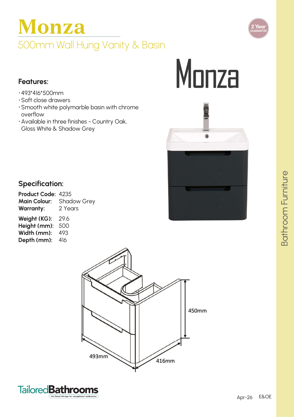 Tailored Monza 2 Drawer Wall Hung Vanity Unit With Polymarble Basin - 1 TH - specification sheet with technical drawing and dimensions