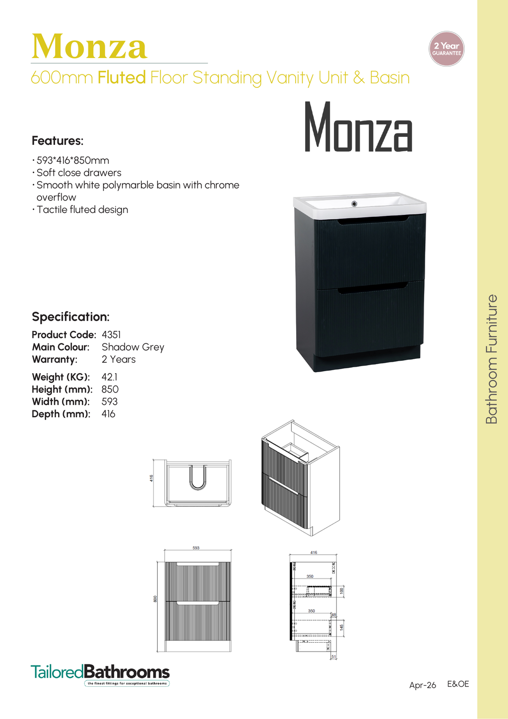 Tailored Monza 2 Drawer Fluted Floorstanding Vanity Unit With Polymarble Basin - 600mm Wide - 1 TH - specification sheet with technical drawing and dimensions