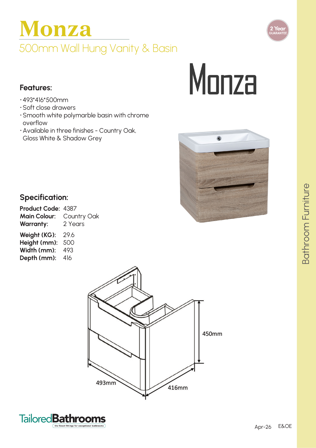 Tailored Monza 2 Drawer Wall Hung Vanity Unit With Polymarble Basin - 1 TH - specification sheet with technical drawing and dimensions