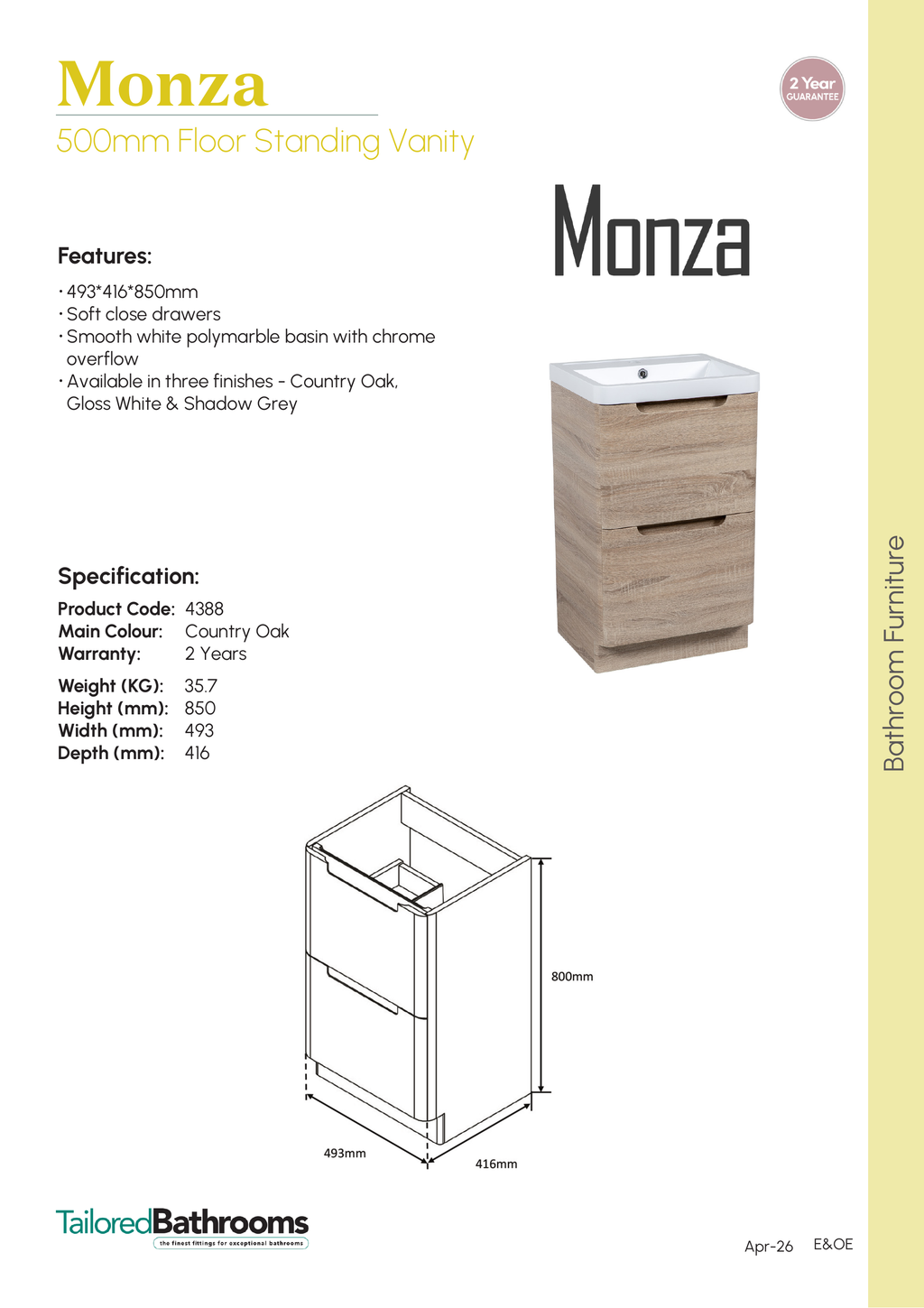 Tailored Monza 2 Drawer Floorstanding Vanity Unit With Polymarble Basin - 1 TH - specification sheet with technical drawing and dimensions