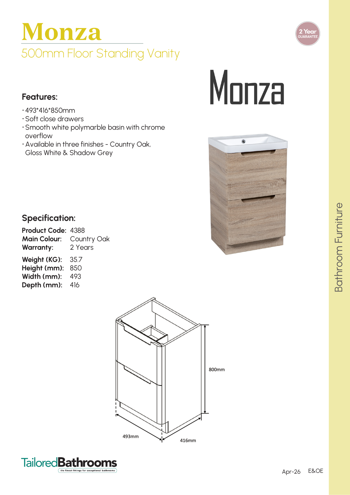 Tailored Monza 2 Drawer Floorstanding Vanity Unit With Polymarble Basin - 1 TH - specification sheet with technical drawing and dimensions