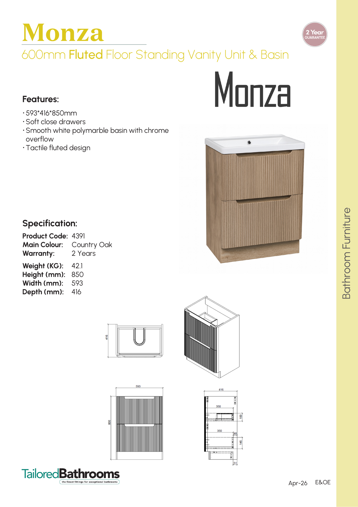 Tailored Monza 2 Drawer Fluted Floorstanding Vanity Unit With Polymarble Basin - 600mm Wide - 1 TH - specification sheet with technical drawing and dimensions