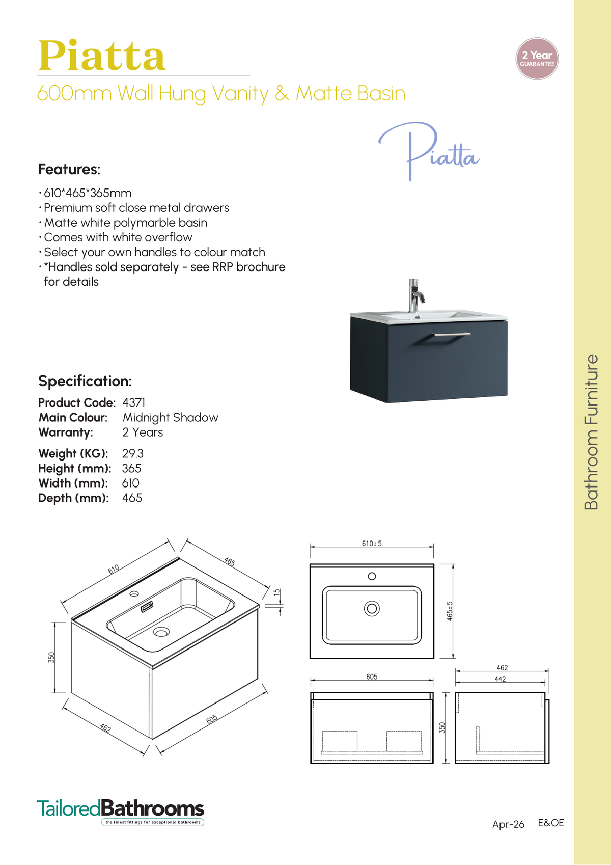 Tailored Piatta 1 Drawer Wall Hung Vanity With Matt White Basin - 610mm Wide - 1 TH - specification sheet with technical drawing and dimensions