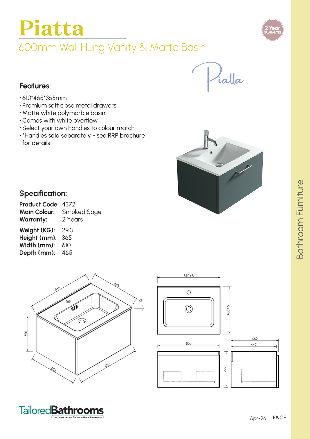Tailored Piatta 1 Drawer Wall Hung Vanity With Matt White Basin - 610mm Wide - 1 TH - specification sheet with technical drawing and dimensions