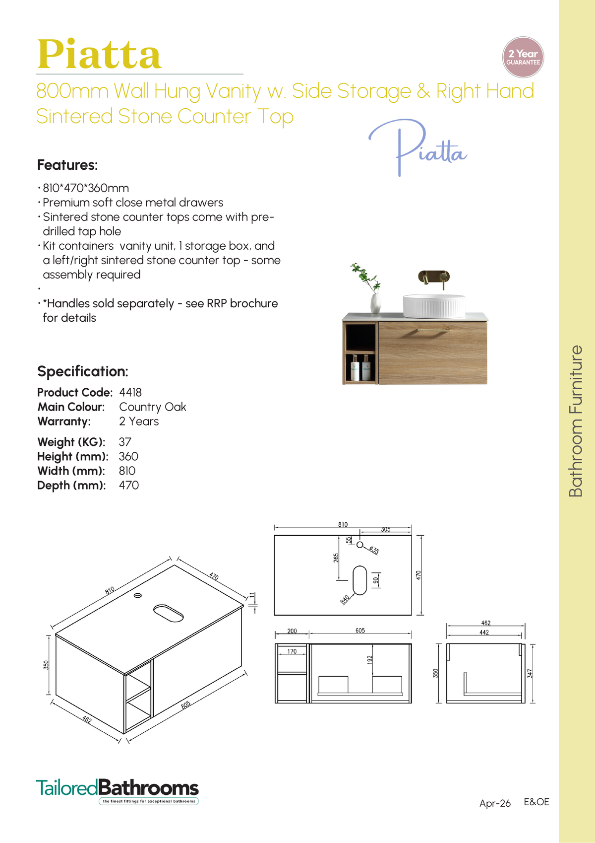 Tailored Piatta 1 Drawer Wall Hung Vanity Unit With Side Storage And Sintered Stone Countertop - 810mm Wide - specification sheet with technical drawing and dimensions