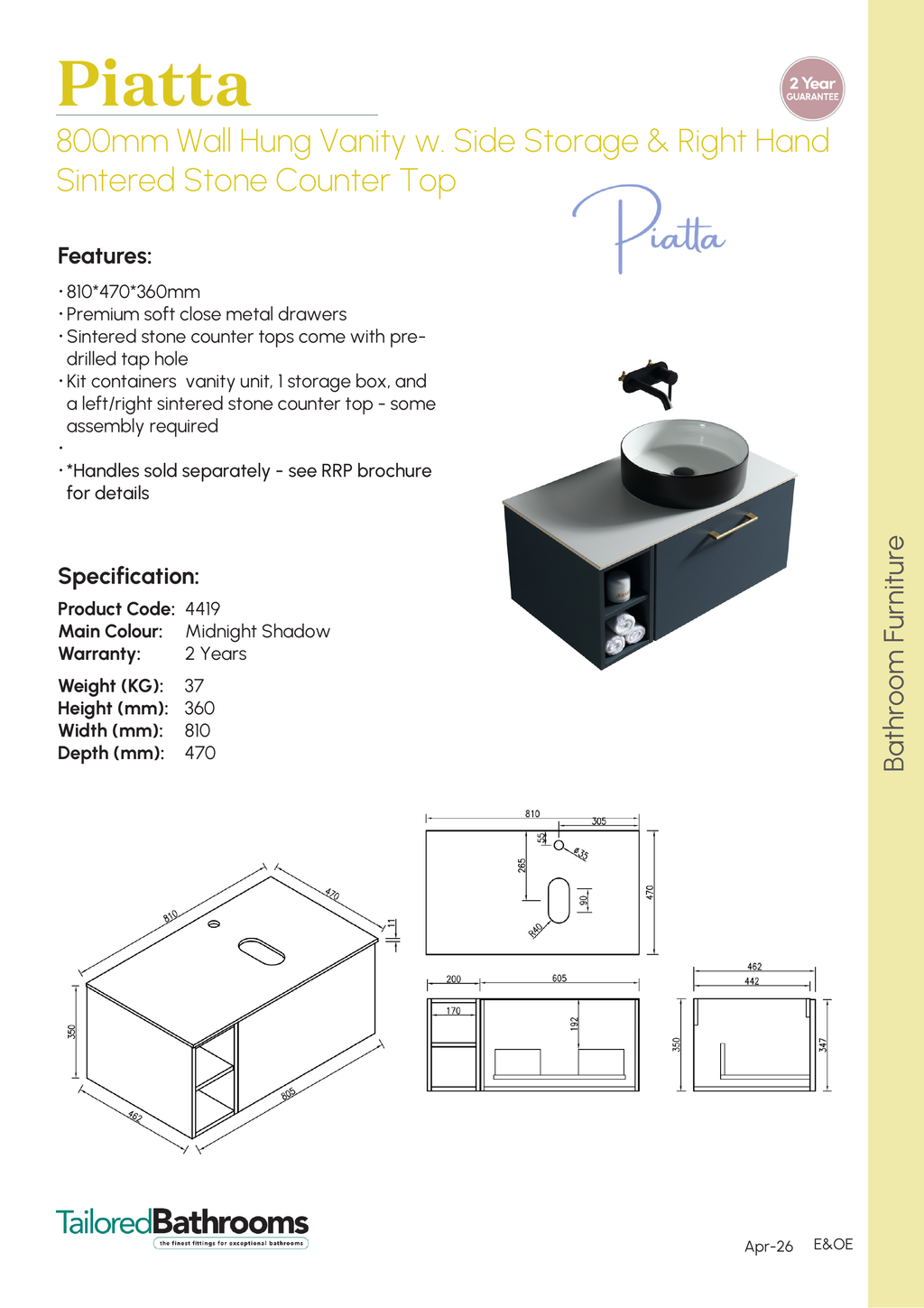 Tailored Piatta 1 Drawer Wall Hung Vanity Unit With Side Storage And Sintered Stone Countertop - 810mm Wide - specification sheet with technical drawing and dimensions