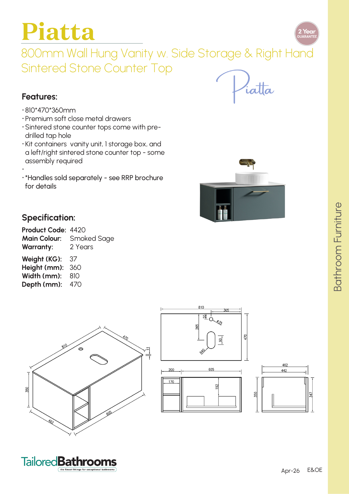 Tailored Piatta 1 Drawer Wall Hung Vanity Unit With Side Storage And Sintered Stone Countertop - 810mm Wide - specification sheet with technical drawing and dimensions