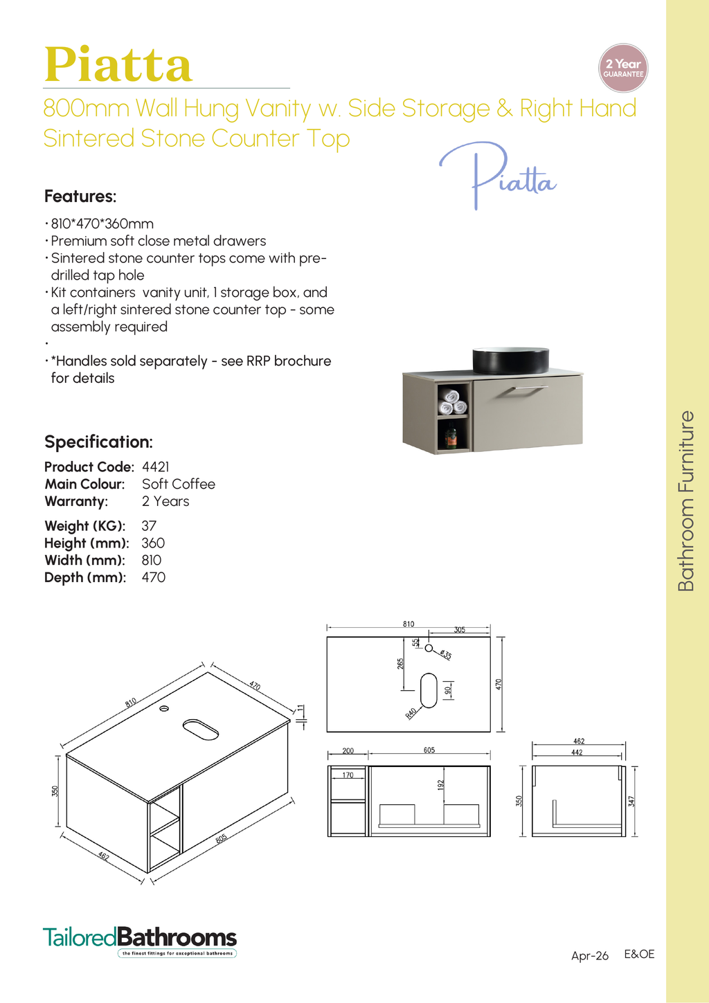 Tailored Piatta 1 Drawer Wall Hung Vanity Unit With Side Storage And Sintered Stone Countertop - 810mm Wide - specification sheet with technical drawing and dimensions