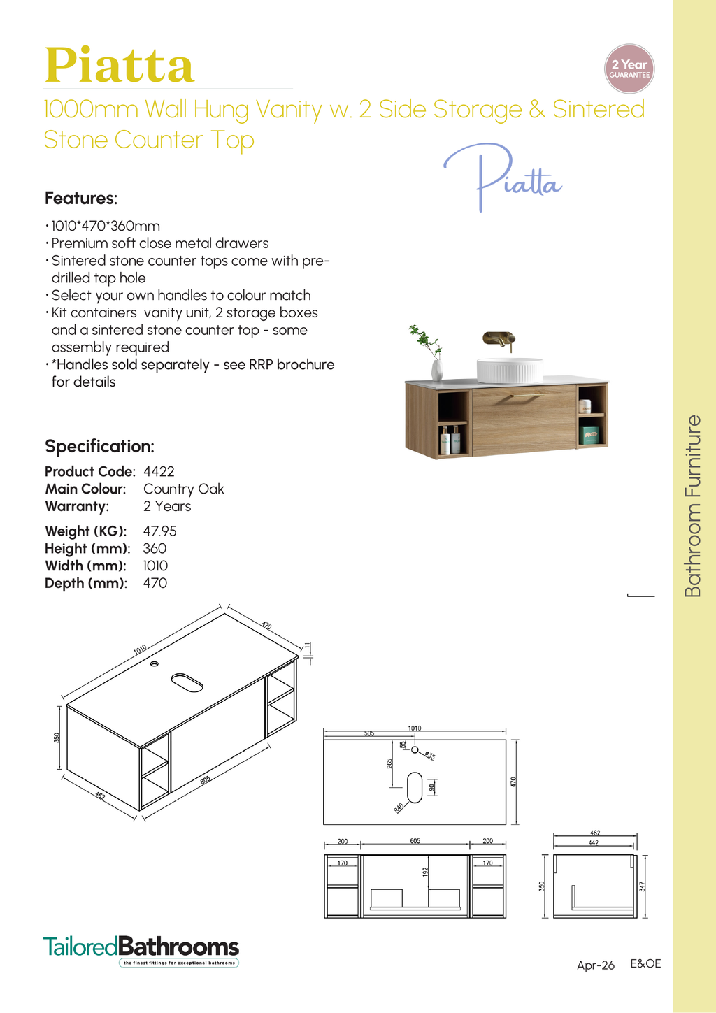 Tailored Piatta 1 Drawer Wall Hung Vanity With 2 Side Storage And Sintered Stone Counter Top - 1010mm Wide - Country Oak - specification sheet with technical drawing and dimensions