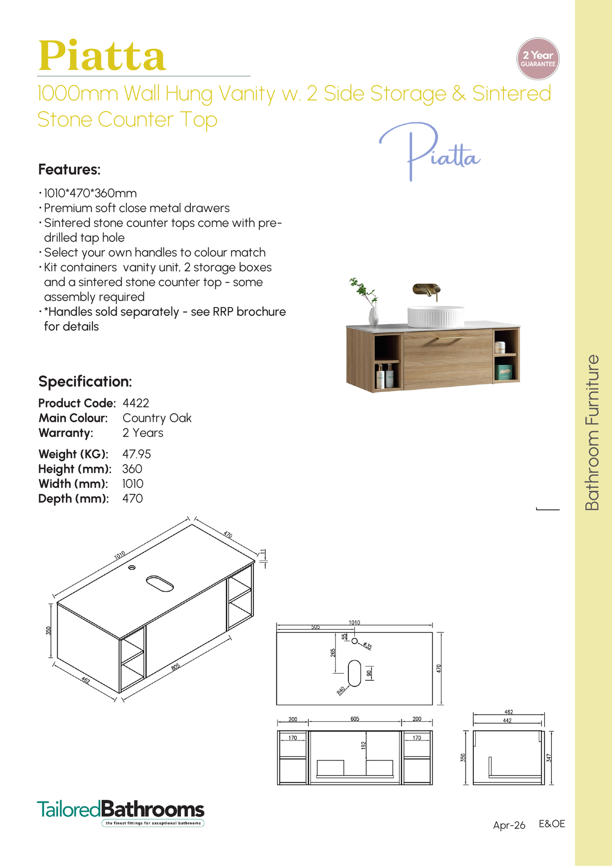 Tailored Piatta 1 Drawer Wall Hung Vanity With 2 Side Storage And Sintered Stone Counter Top - 1010mm Wide - Country Oak - specification sheet with technical drawing and dimensions