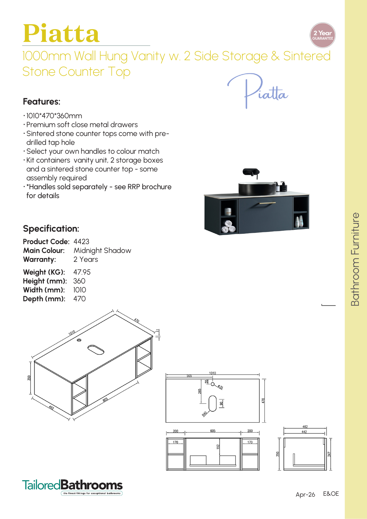 Tailored Piatta 1 Drawer Wall Hung Vanity With 2 Side Storage And Sintered Stone Counter Top - 1010mm Wide - Midnight Shadow - specification sheet with technical drawing and dimensions