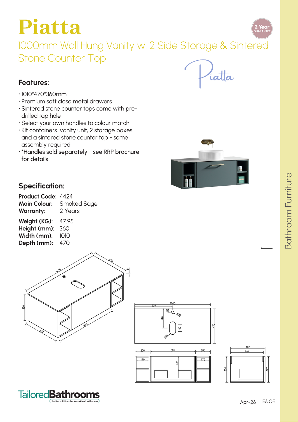 Tailored Piatta 1 Drawer Wall Hung Vanity With 2 Side Storage And Sintered Stone Counter Top - 1010mm Wide - Smoked Sage - specification sheet with technical drawing and dimensions