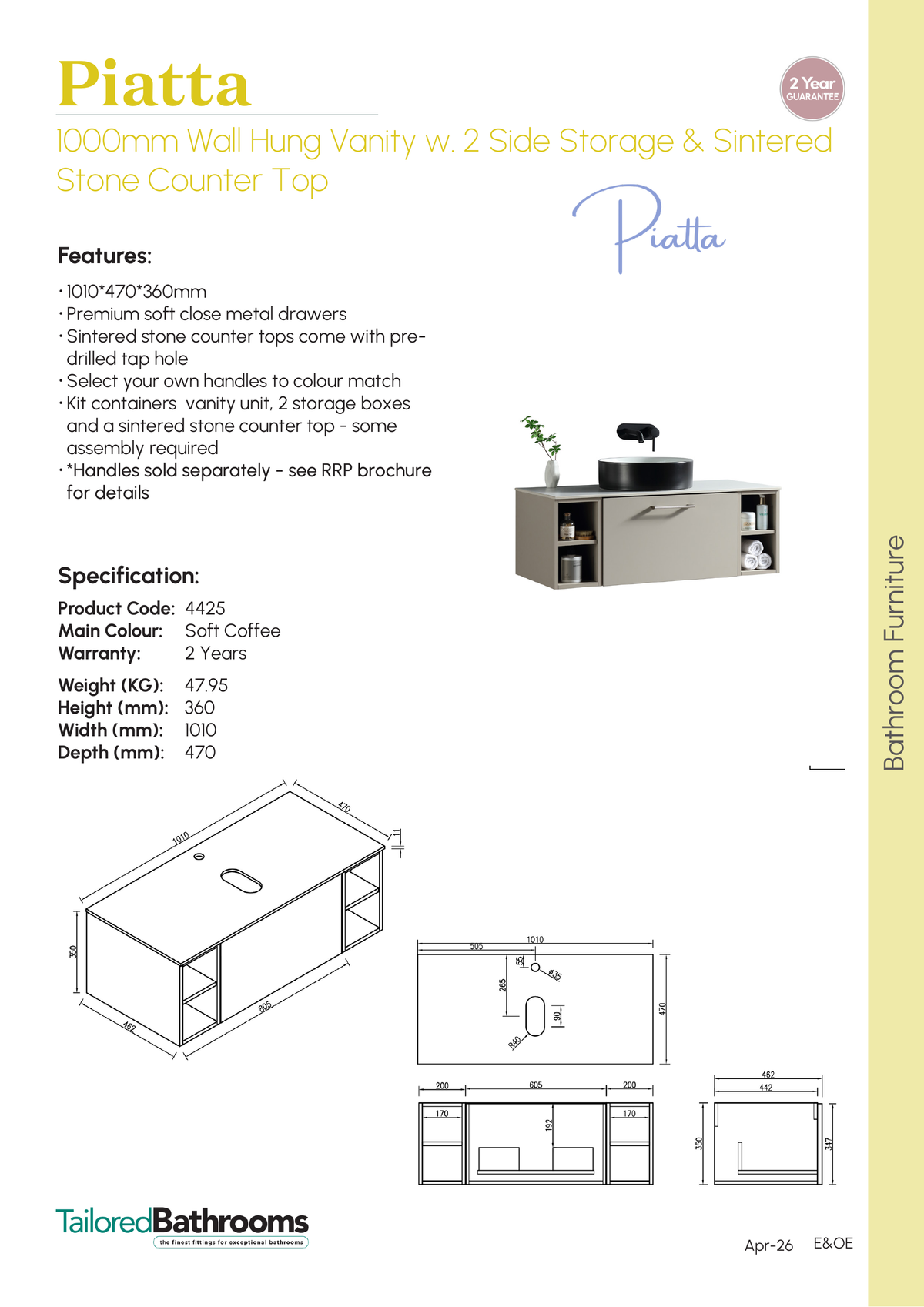 Tailored Piatta 1 Drawer Wall Hung Vanity With 2 Side Storage And Sintered Stone Counter Top - 1010mm Wide - Soft Coffee - specification sheet with technical drawing and dimensions