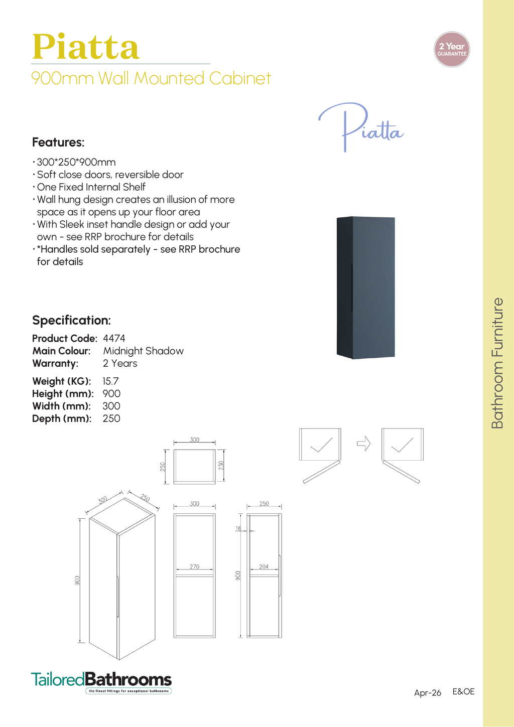 Tailored Piatta 1 Door Wall Hung Medium Storage Unit - 900mm High - specification sheet with technical drawing and dimensions