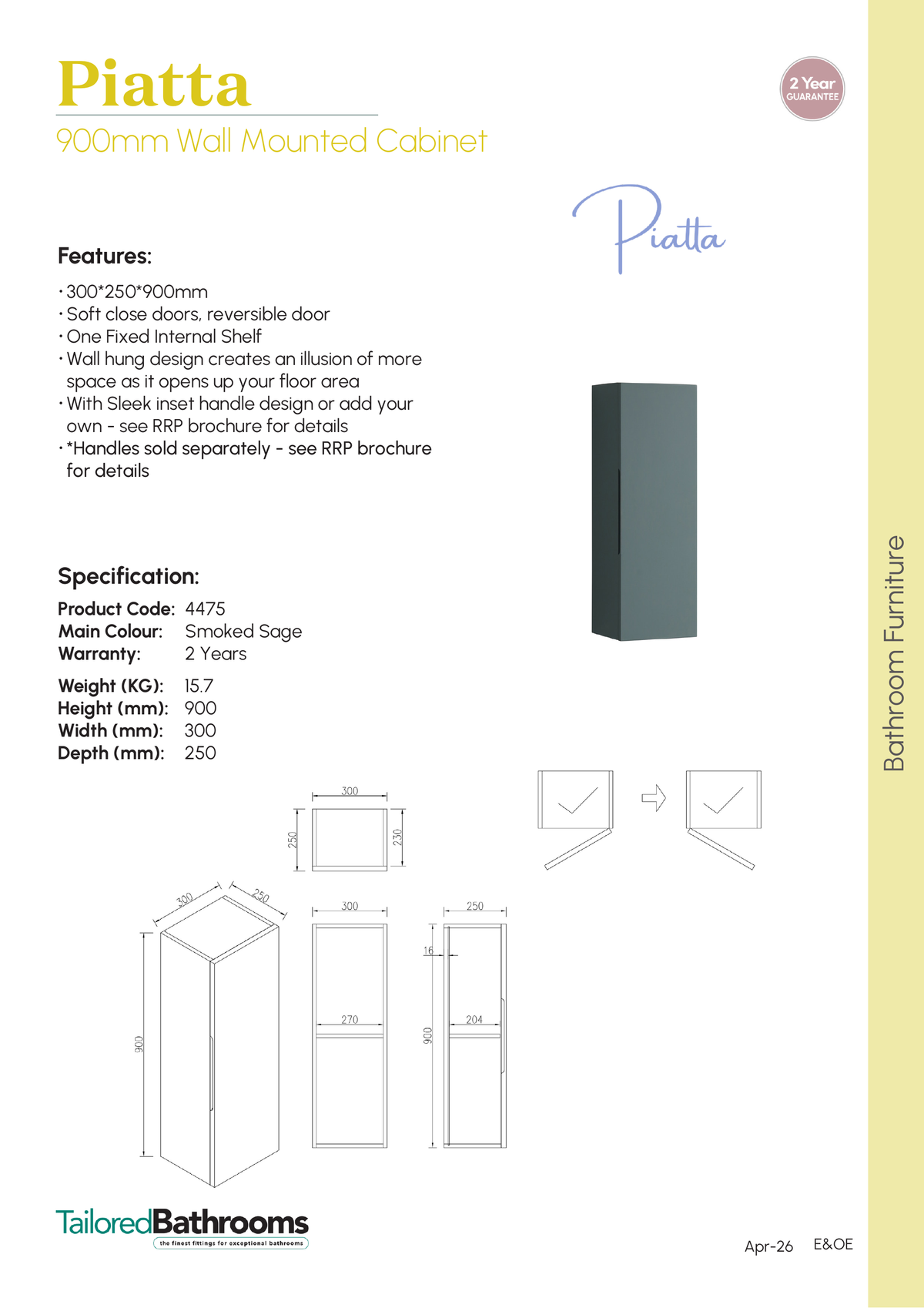 Tailored Piatta 1 Door Wall Hung Medium Storage Unit - 900mm High - specification sheet with technical drawing and dimensions
