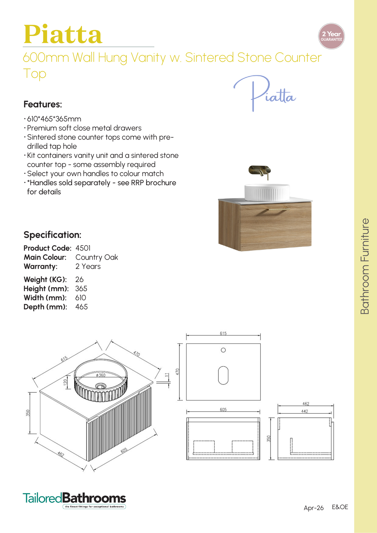 Tailored Piatta 1 Drawer Wall Hung Vanity Unit With Sintered Stone Countertop - 615mm Wide - Country Oak - specification sheet with technical drawing and dimensions
