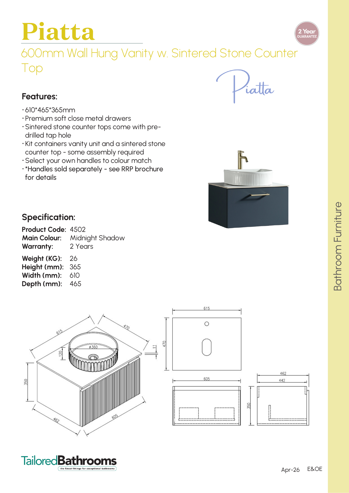 Tailored Piatta 1 Drawer Wall Hung Vanity Unit With Sintered Stone Countertop - 615mm Wide - specification sheet with technical drawing and dimensions