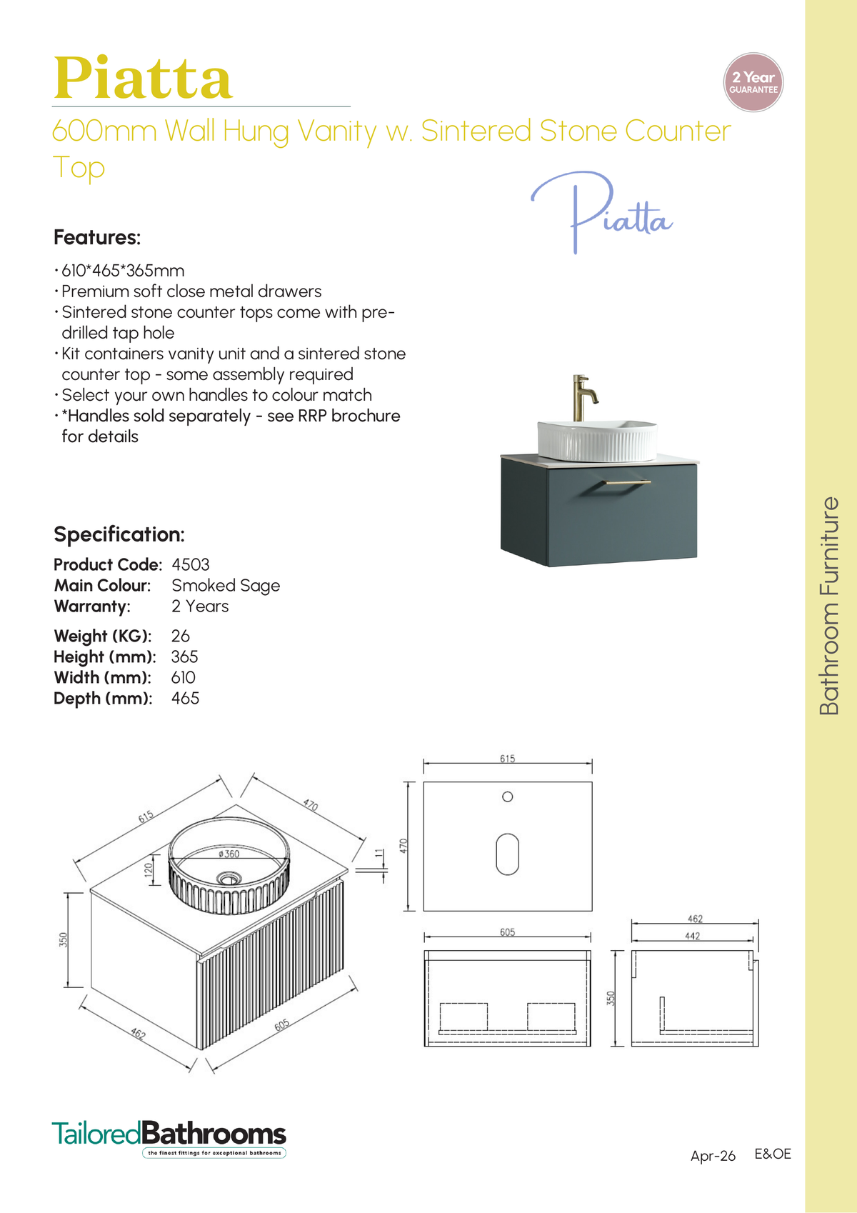 Tailored Piatta 1 Drawer Wall Hung Vanity Unit With Sintered Stone Countertop - 615mm Wide - specification sheet with technical drawing and dimensions