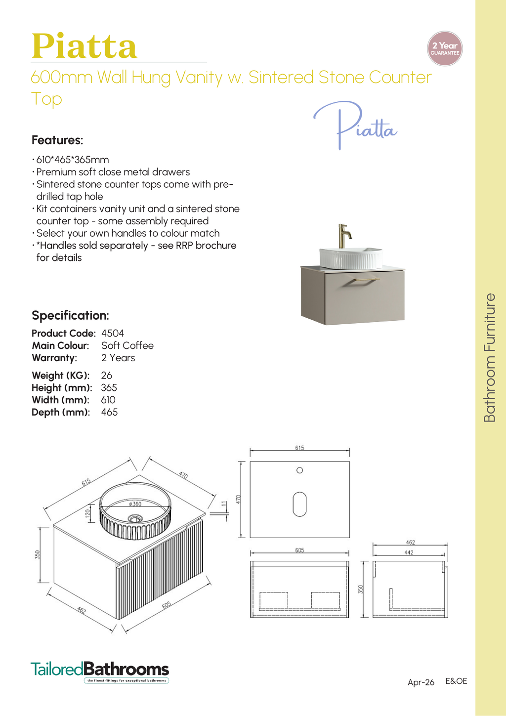 Tailored Piatta 1 Drawer Wall Hung Vanity Unit With Sintered Stone Countertop - 615mm Wide - Soft Coffee - specification sheet with technical drawing and dimensions