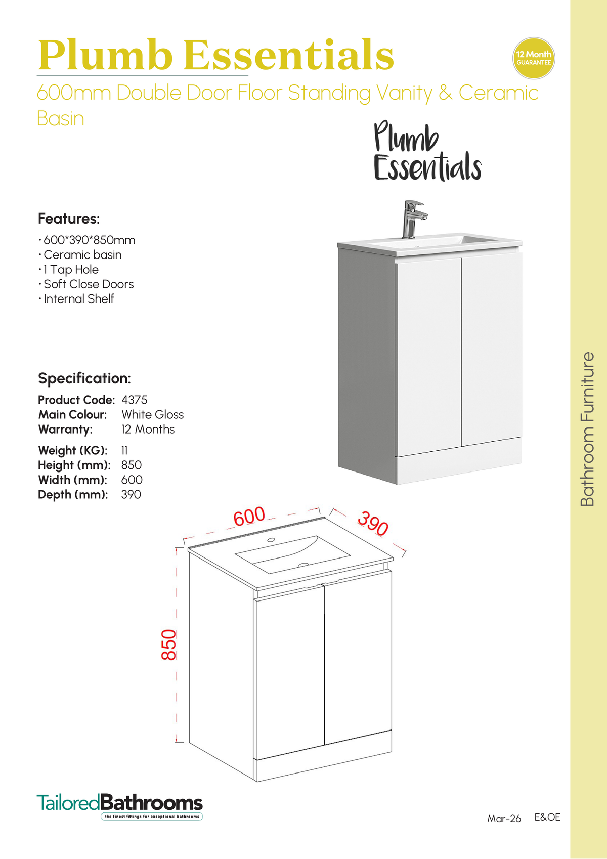 Tailored Plumb Essentials 2 Door Floorstanding Vanity Unit With Ceramic Basin - 600mm Wide - Gloss White - specification sheet with technical drawing and dimensions