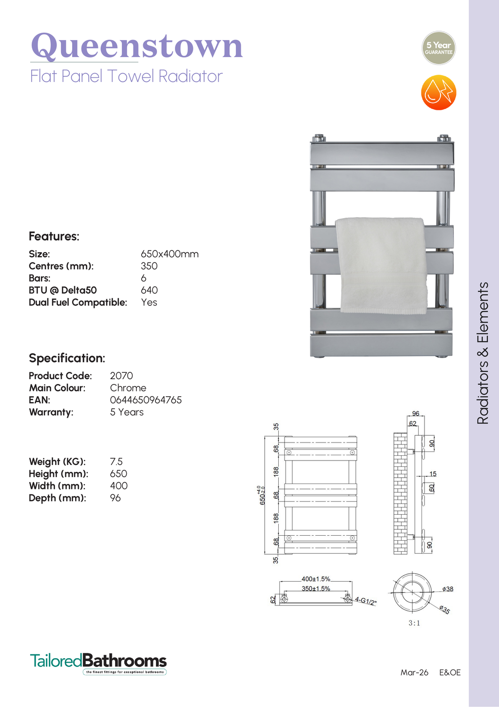 Tailored Queenstown Vertical Designer Towel Radiator - Chrome - specification sheet with technical drawing and dimensions