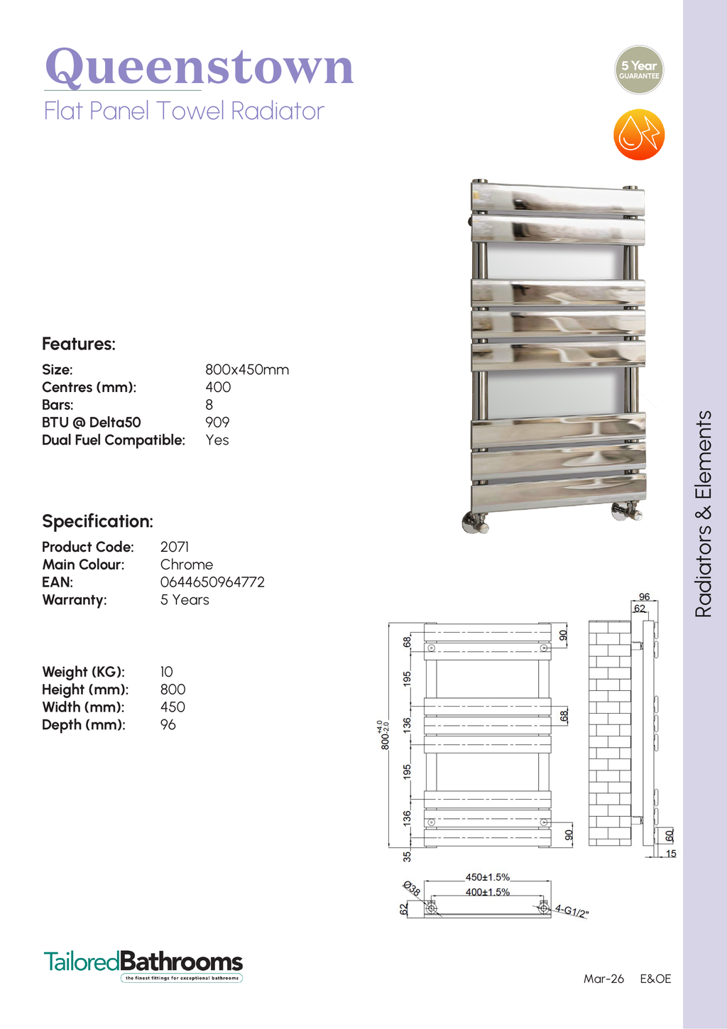 Tailored Queenstown Vertical Designer Towel Radiator - Chrome - specification sheet with technical drawing and dimensions