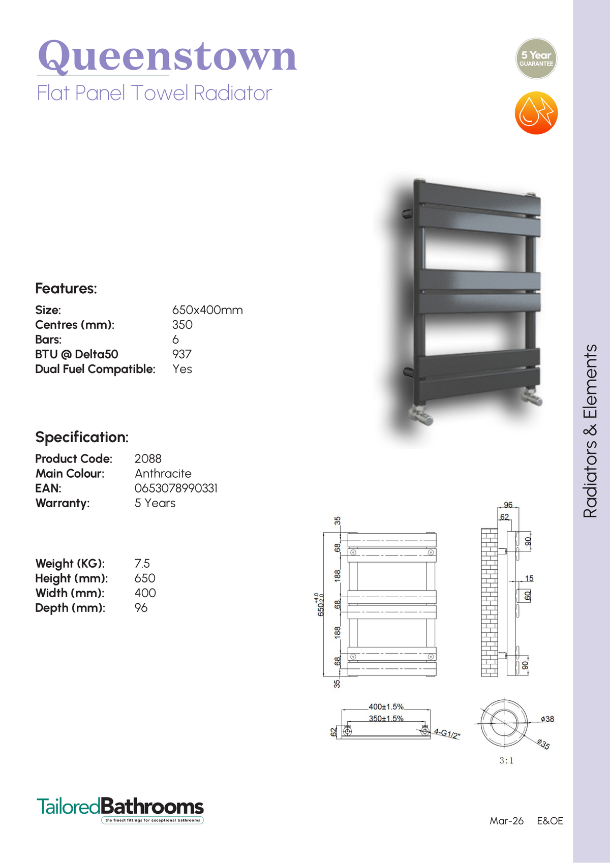 Tailored Queenstown Vertical Designer Towel Radiator - Anthracite - specification sheet with technical drawing and dimensions