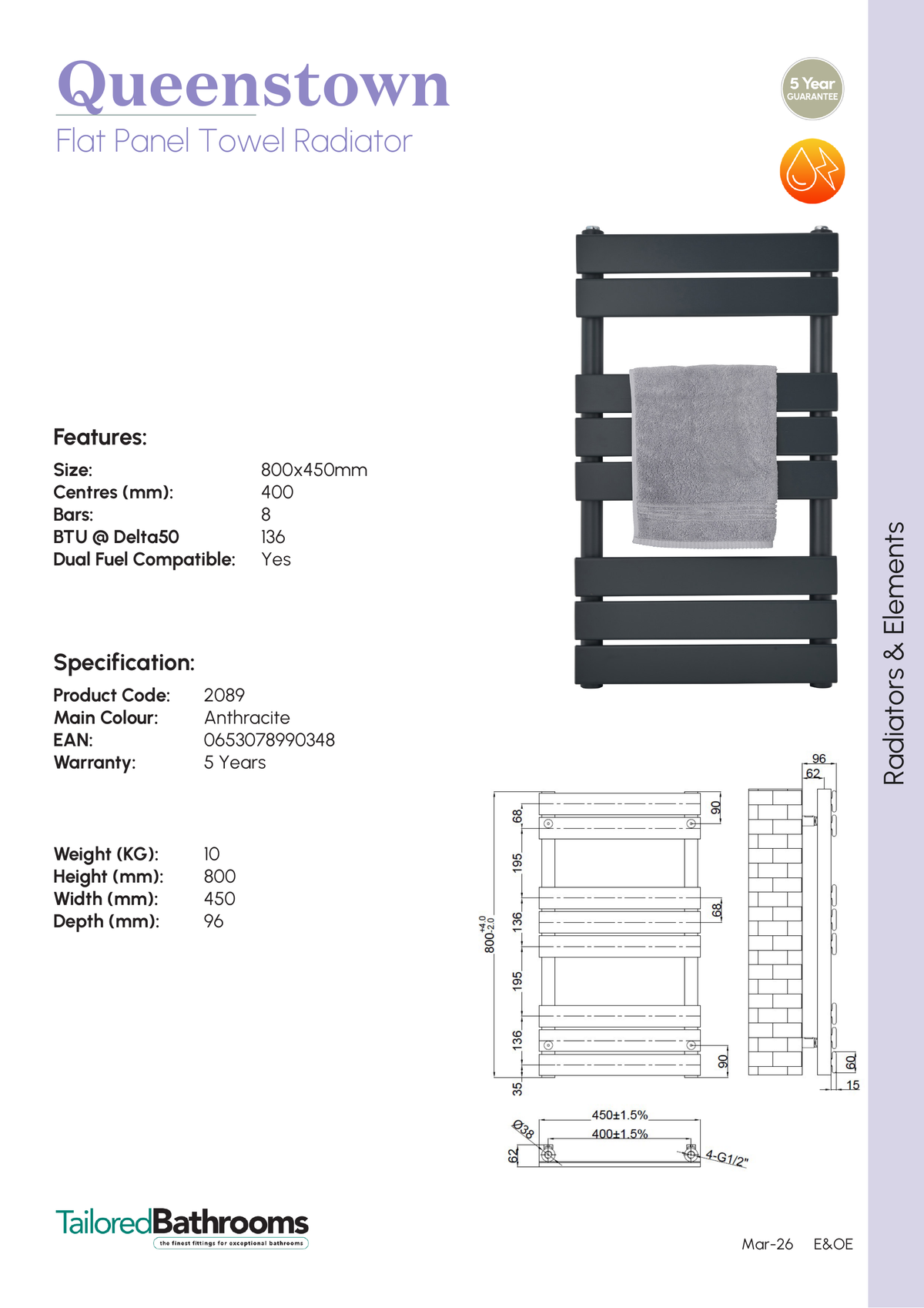 Tailored Queenstown Vertical Designer Towel Radiator - Anthracite - specification sheet with technical drawing and dimensions