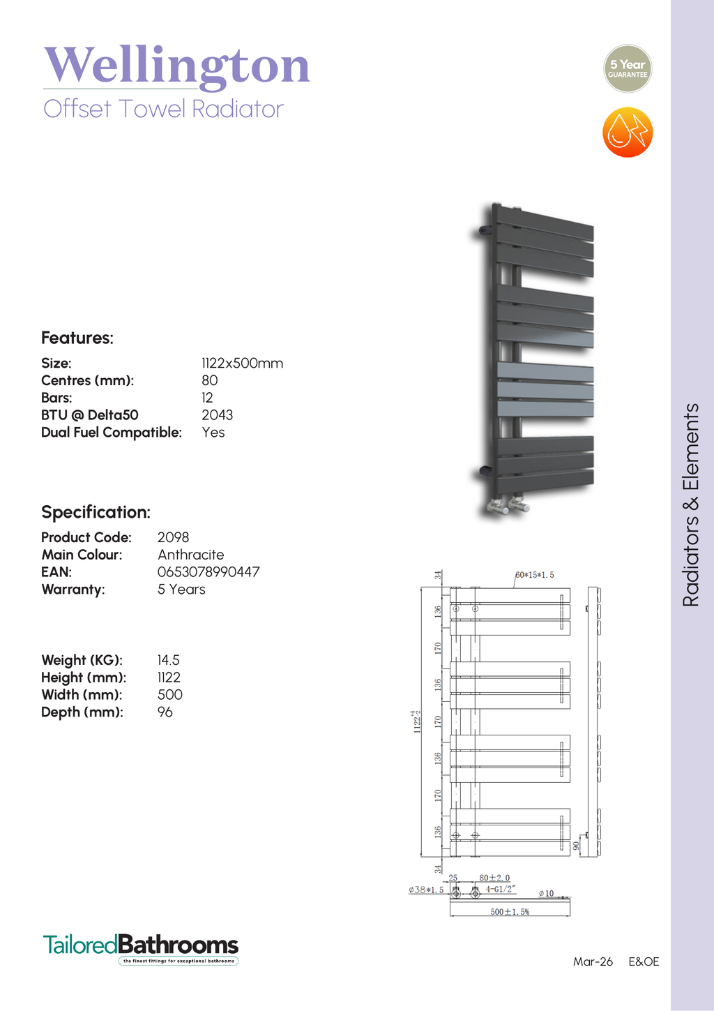 Tailored Wellington Offset Designer Towel Radiator - Anthracite - specification sheet with technical drawing and dimensions