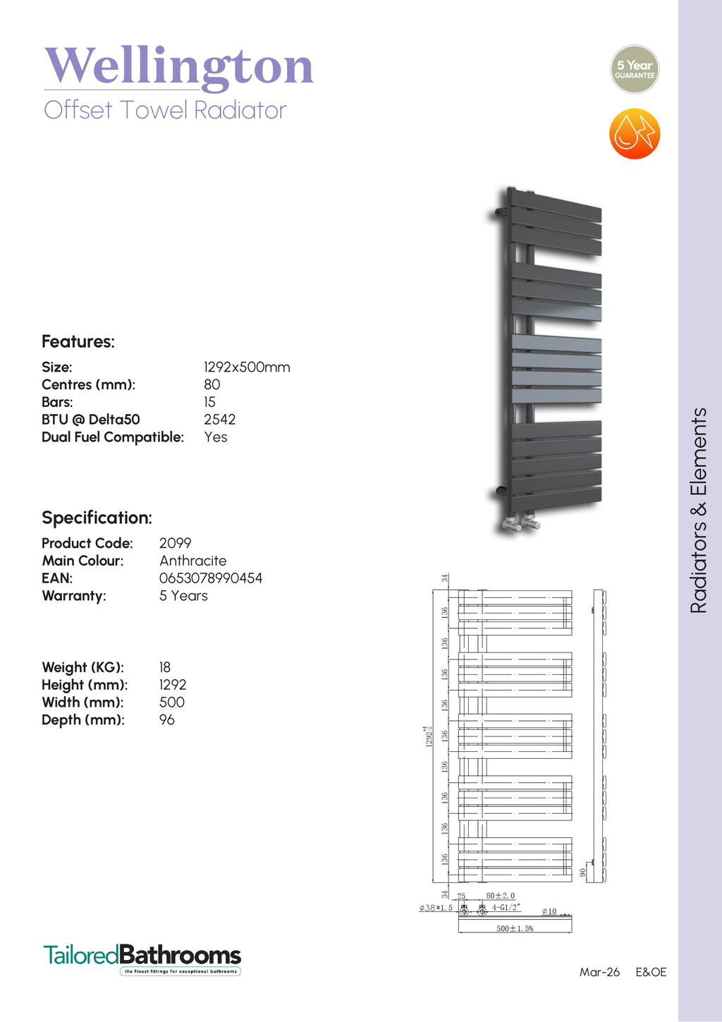 Tailored Wellington Offset Designer Towel Radiator - Anthracite - specification sheet with technical drawing and dimensions