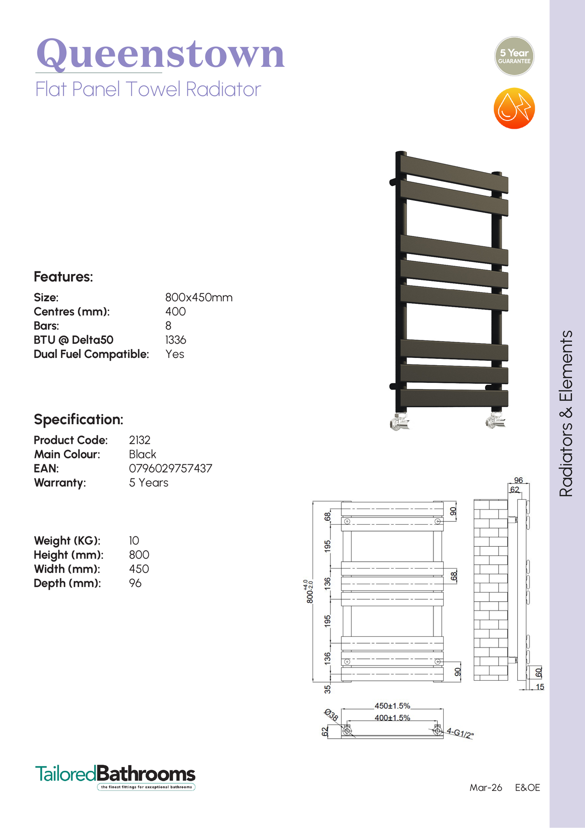 Tailored Queenstown Vertical Designer Towel Radiator - Matt Black - specification sheet with technical drawing and dimensions