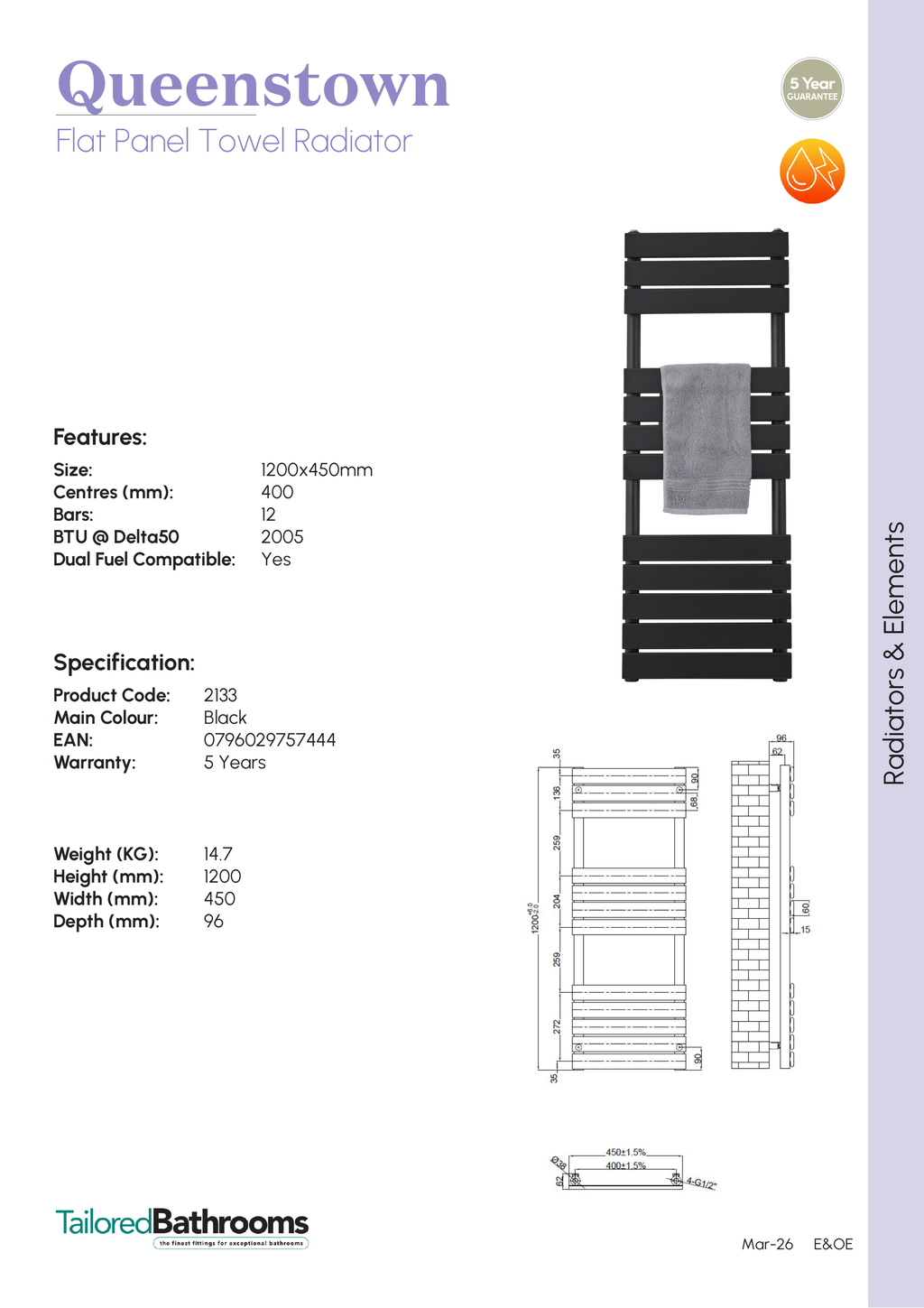 Tailored Queenstown Vertical Designer Towel Radiator - Matt Black - specification sheet with technical drawing and dimensions