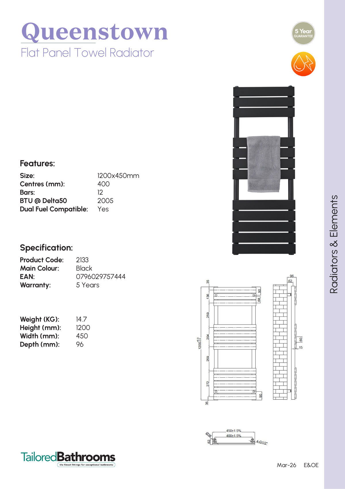 Tailored Queenstown Vertical Designer Towel Radiator - Matt Black - specification sheet with technical drawing and dimensions