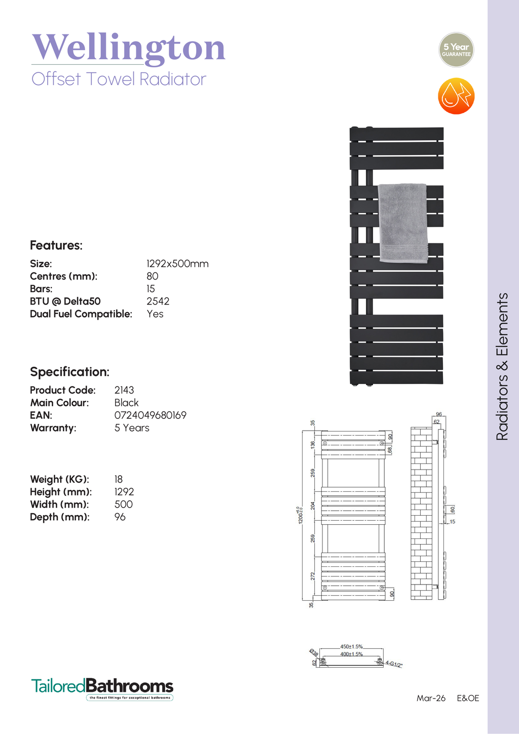 Tailored Wellington Offset Designer Towel Radiator - 1380mm X 500mm - Black - specification sheet with technical drawing and dimensions