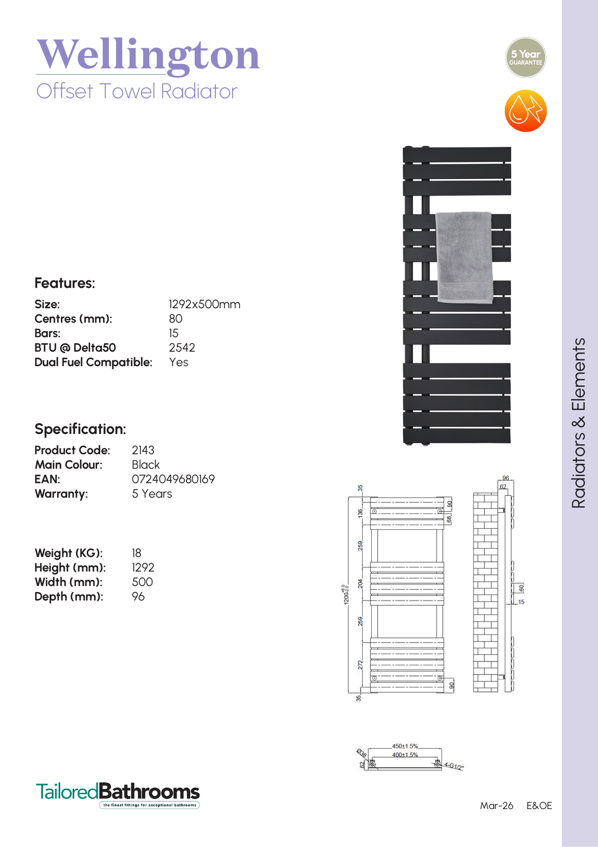 Tailored Wellington Offset Designer Towel Radiator - 1380mm X 500mm - Black - specification sheet with technical drawing and dimensions