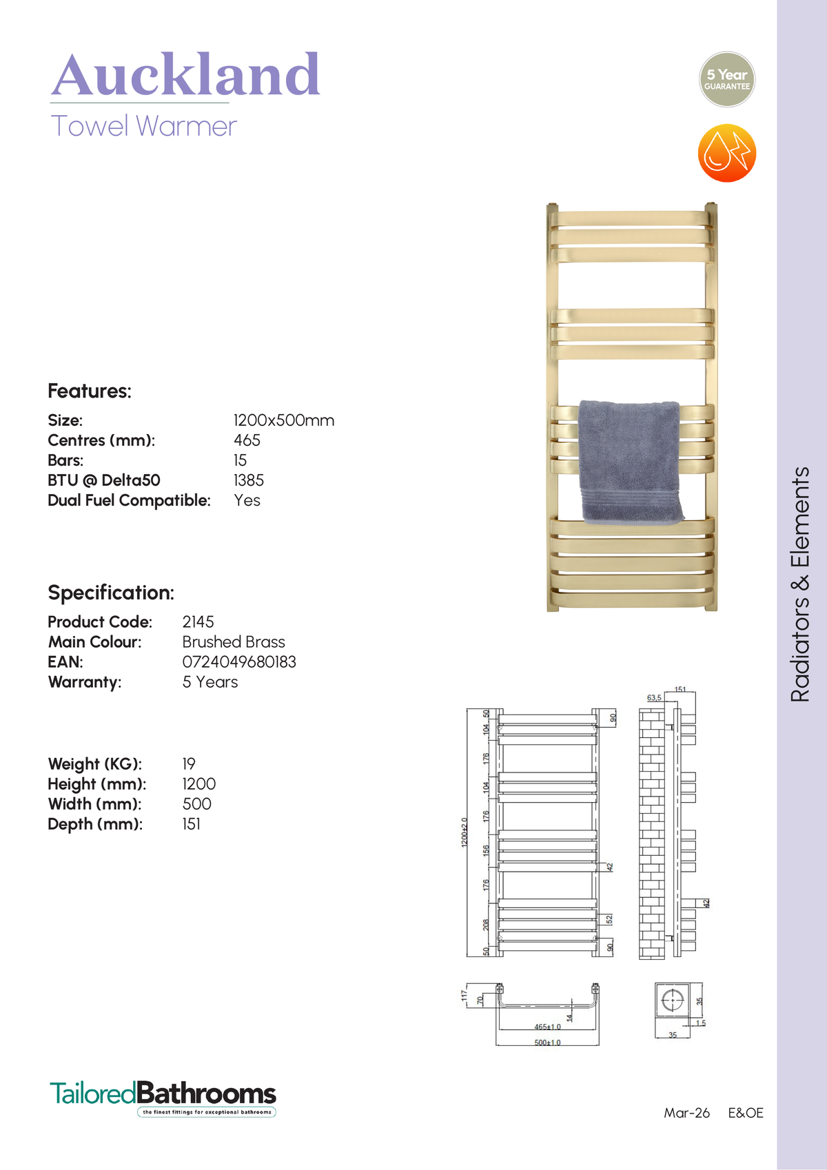 Tailored Auckland Vertical Towel Radiator - 1200mm X 500mm - Brushed Brass - specification sheet with technical drawing and dimensions