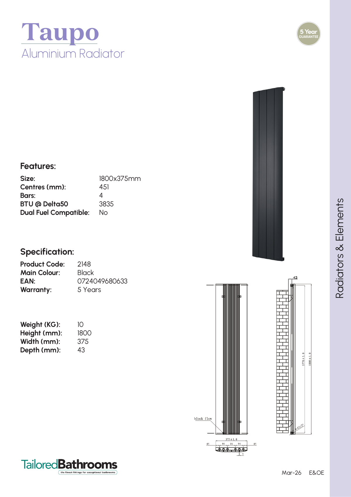 Tailored Taupo Aluminium Vertical Towel Radiator