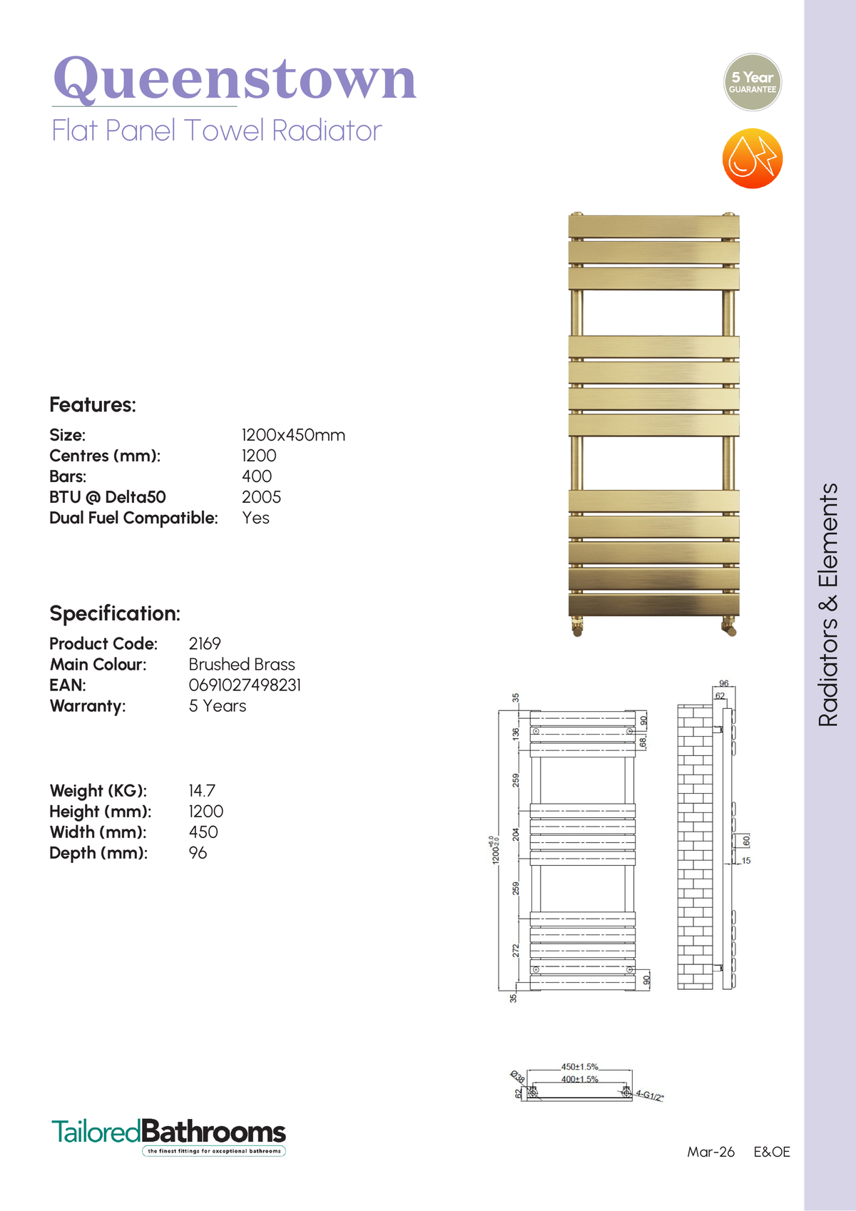 Tailored Queenstown Vertical Designer Towel Radiator