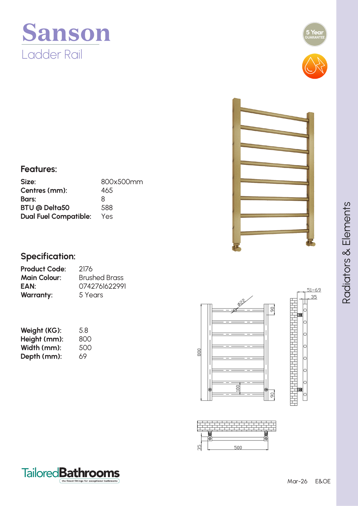 Tailored Sanson Ladder Vertical Heated Towel Rail - Brushed Brass - specification sheet with technical drawing and dimensions