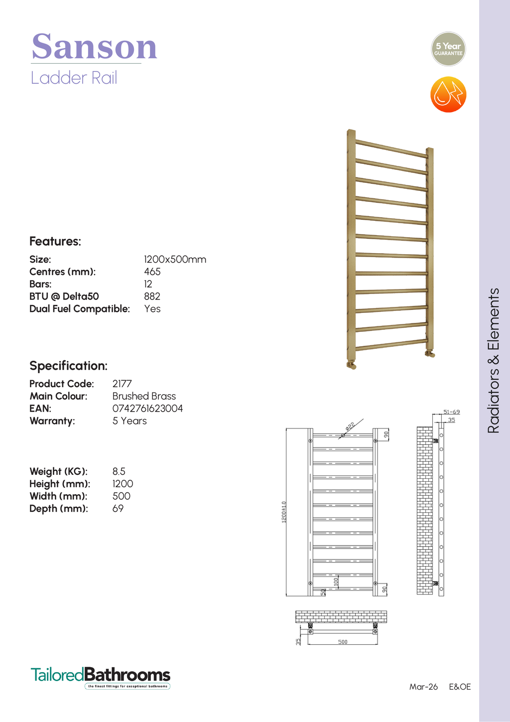 Tailored Sanson Ladder Vertical Heated Towel Rail - Brushed Brass - specification sheet with technical drawing and dimensions