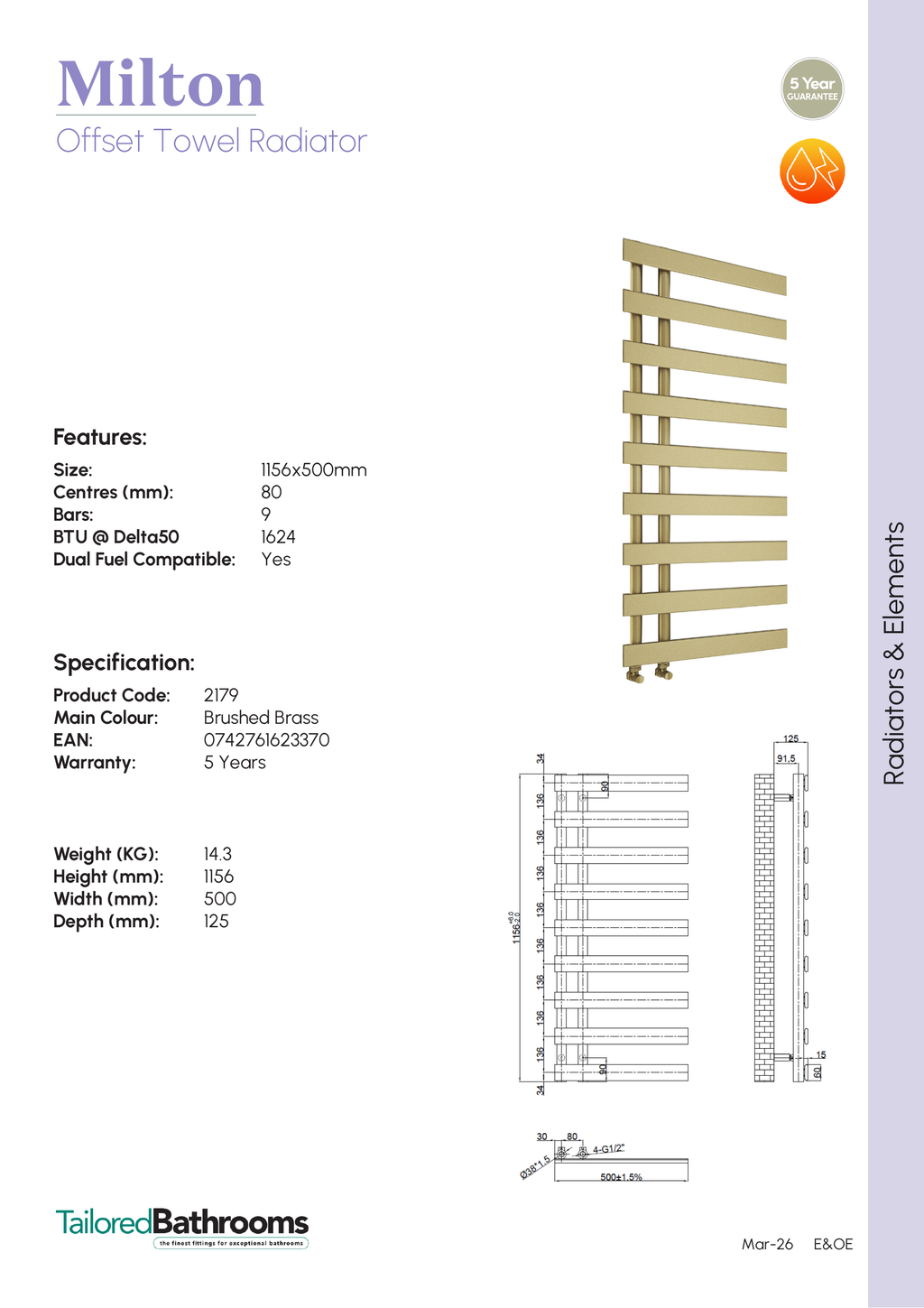 Tailored Milton Offset Designer Towel Radiator - Brushed Brass - specification sheet with technical drawing and dimensions