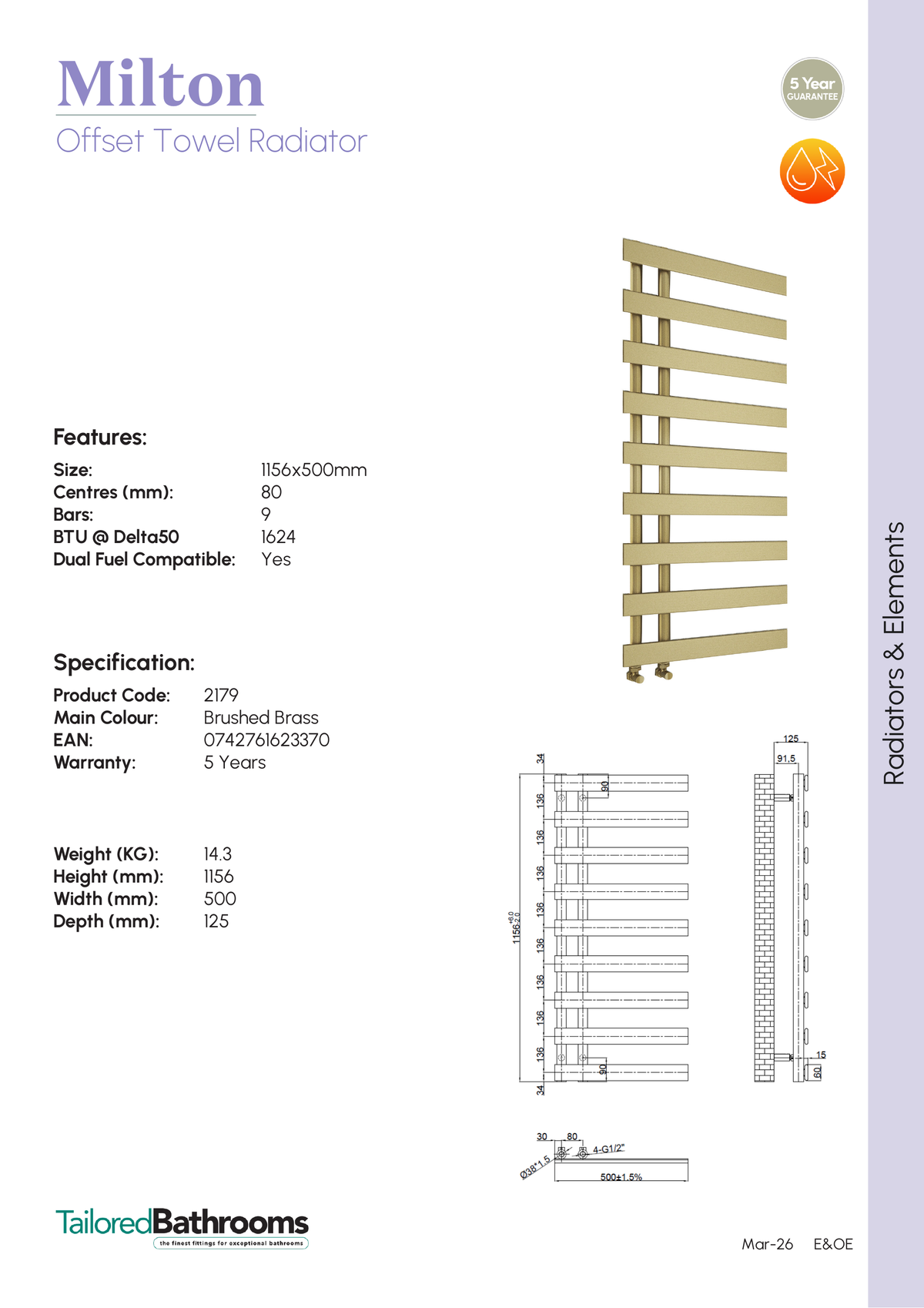 Tailored Milton Offset Designer Towel Radiator - Brushed Brass - specification sheet with technical drawing and dimensions