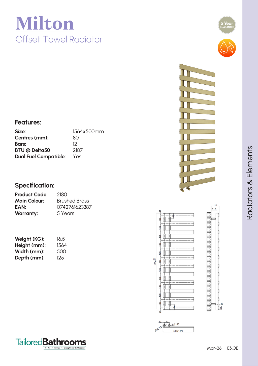 Tailored Milton Offset Designer Towel Radiator - Brushed Brass - specification sheet with technical drawing and dimensions
