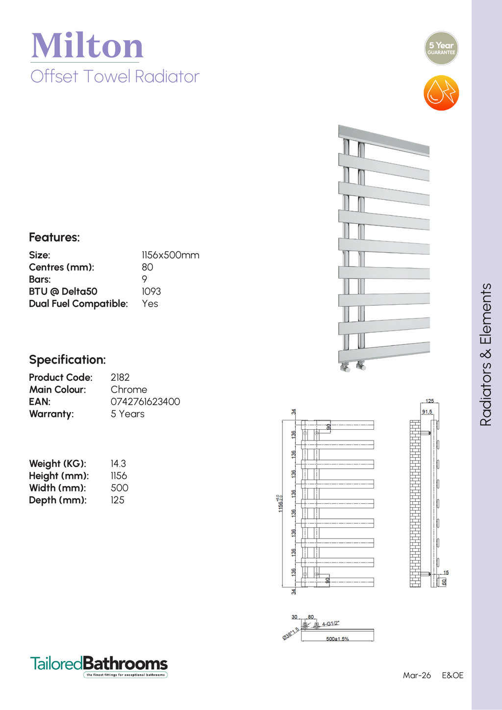 Tailored Milton Offset Designer Towel Radiator - Chrome - specification sheet with technical drawing and dimensions